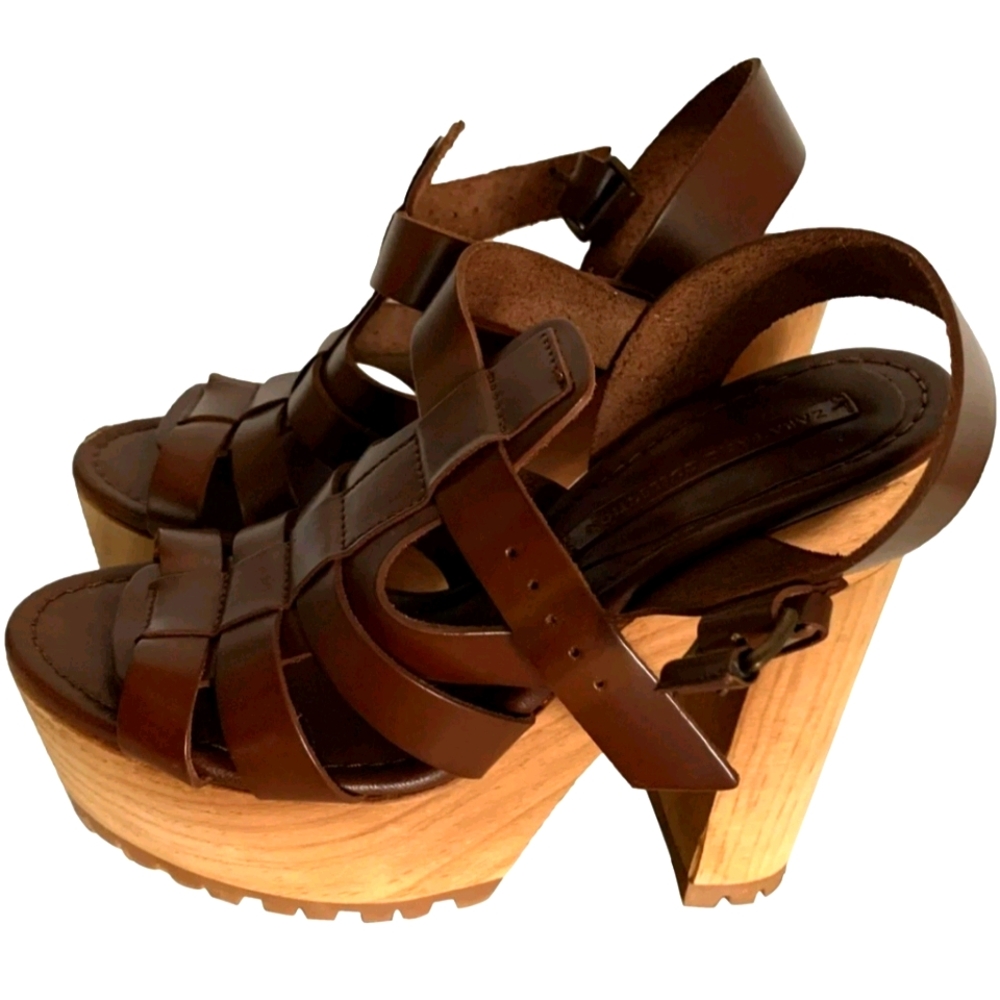 Zara Brown leather Heels Sandals wedges wood